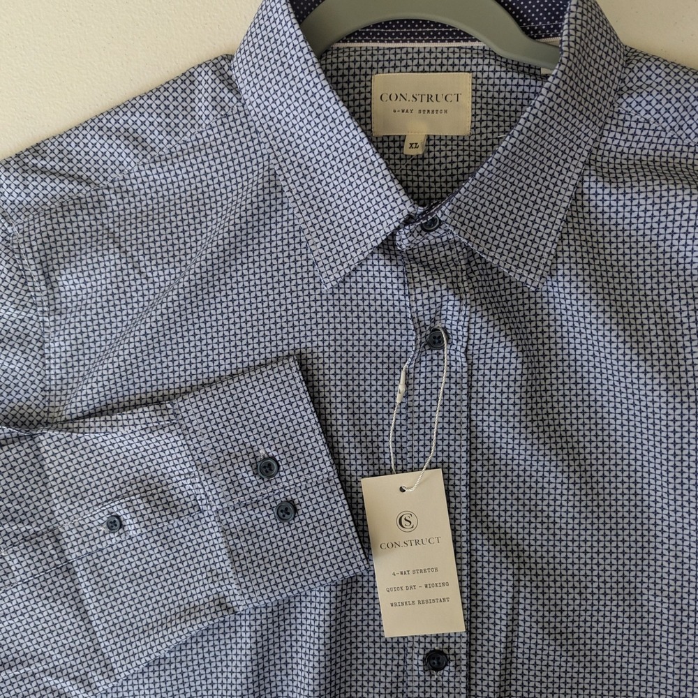 Con.Struct Button Up Long Sleeve Shirt Blue Geometric 4 Way Stretch Sz XL NWT